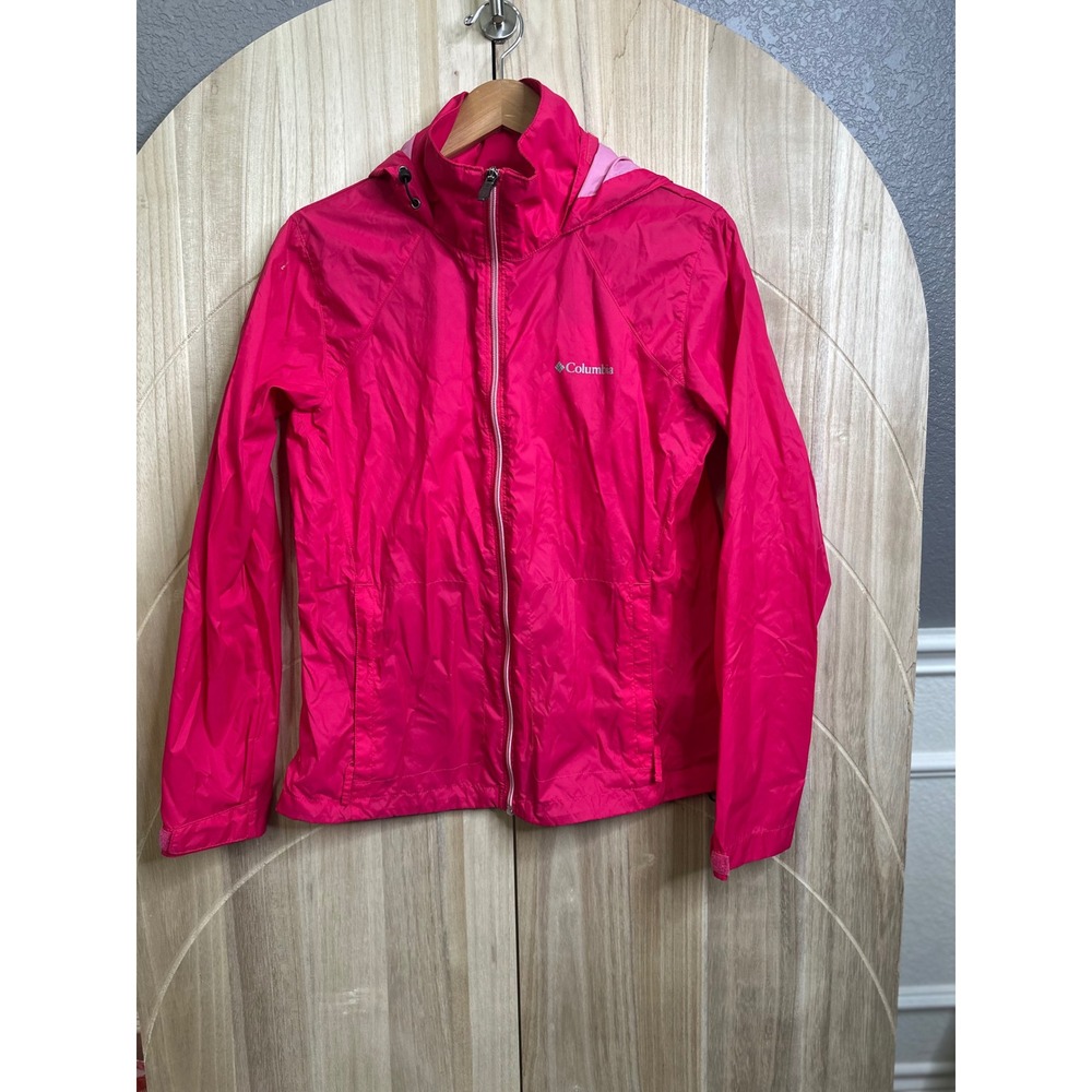 Columbia Womens Pink Hooded Windbreaker Full Zip Lightweight Rain Jacket Large